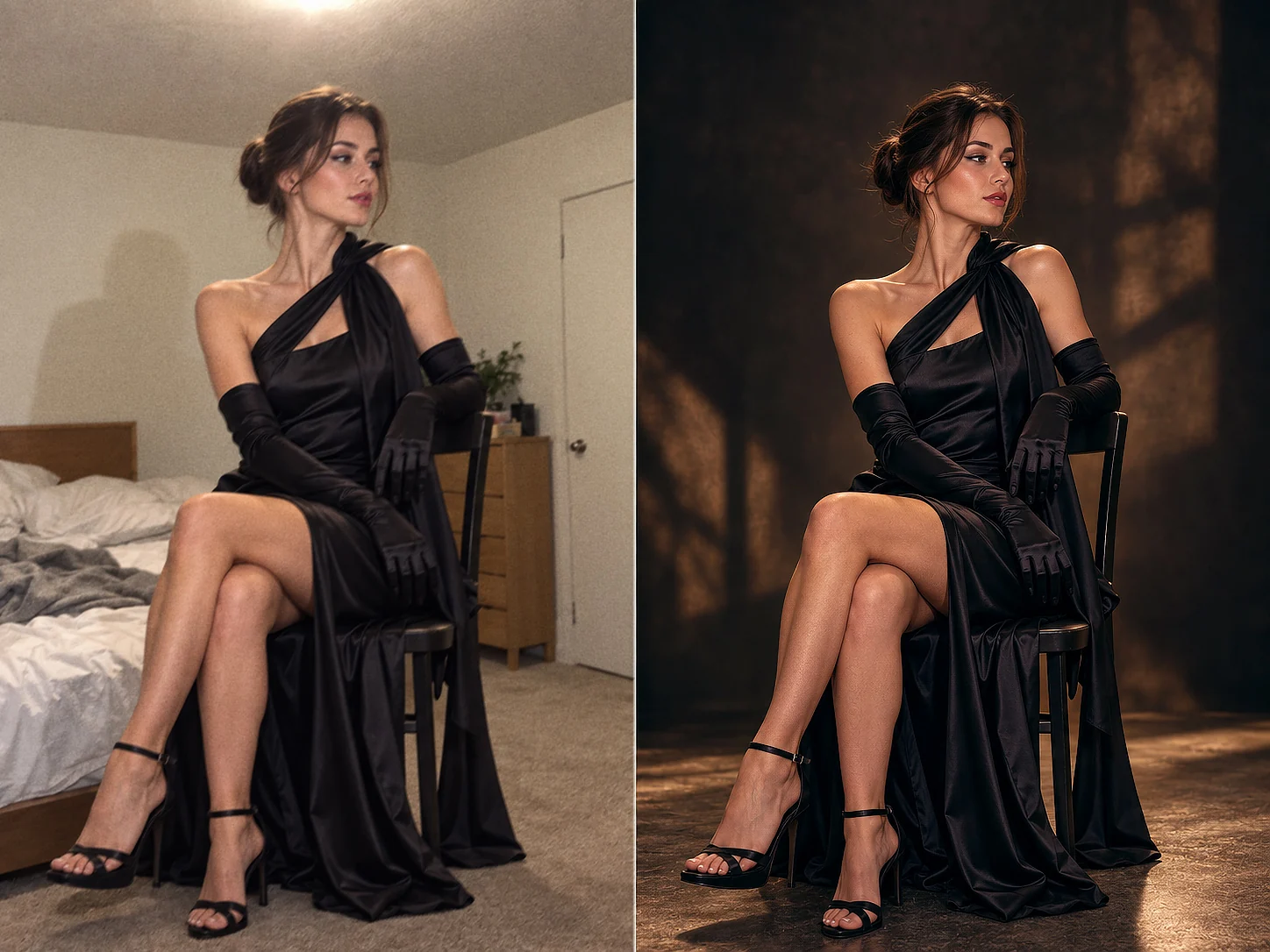 Comparație vizuală alăturată: model în rochie neagră într-un dormitor și într-un decor de studio cu lumină caldă